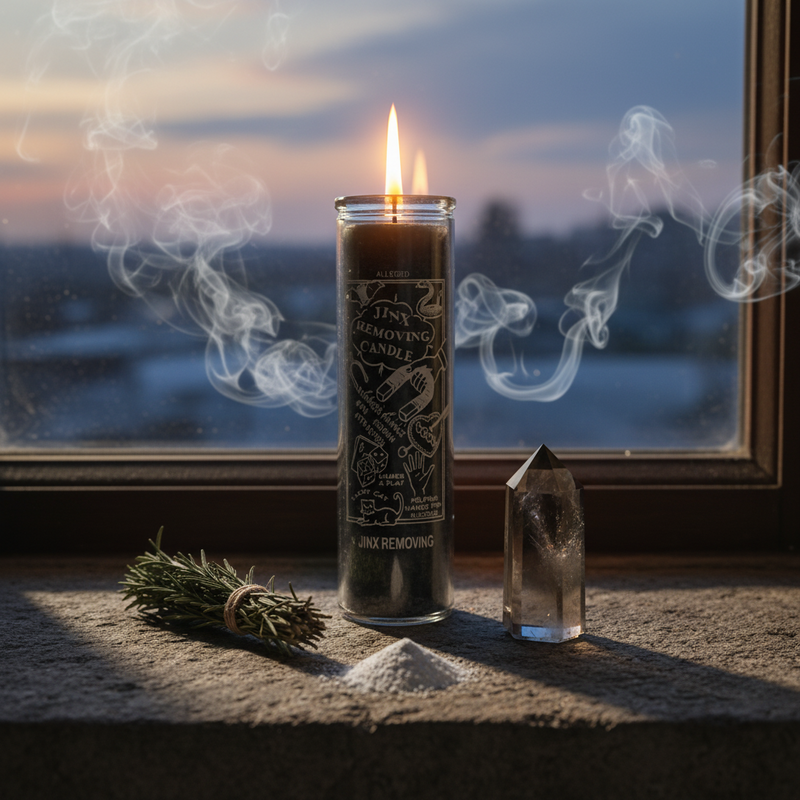 Candle with label, crystal, and herbs on a windowsill with a sunset view.