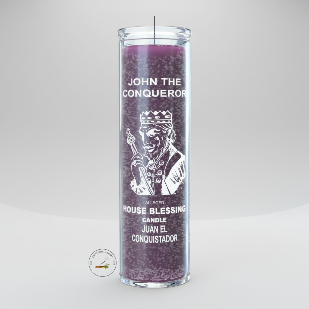 John the Conqueror purple candle in glass jar on neutral background