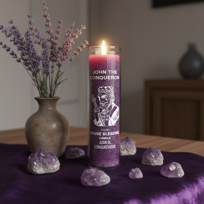 John the Conqueror purple candle on table with purple cloth, Amethyst crystals and a vase of Lavender flowers