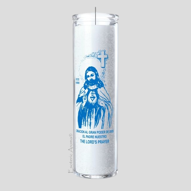 Candle with blue religious illustration and text on a white background