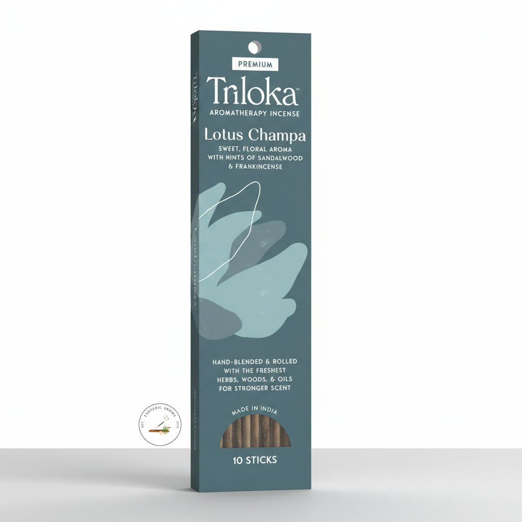 Triloka Lotus Champa incense packaging on a white background