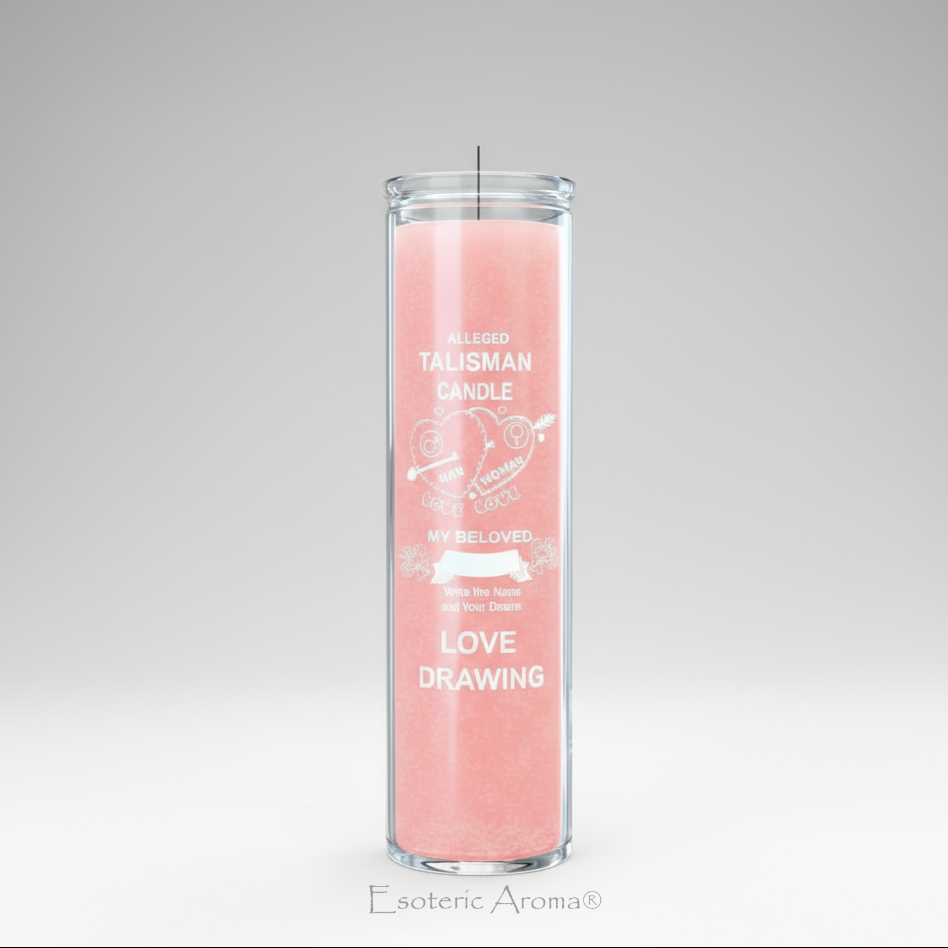 Pink candle in a glass container with text on a gray background