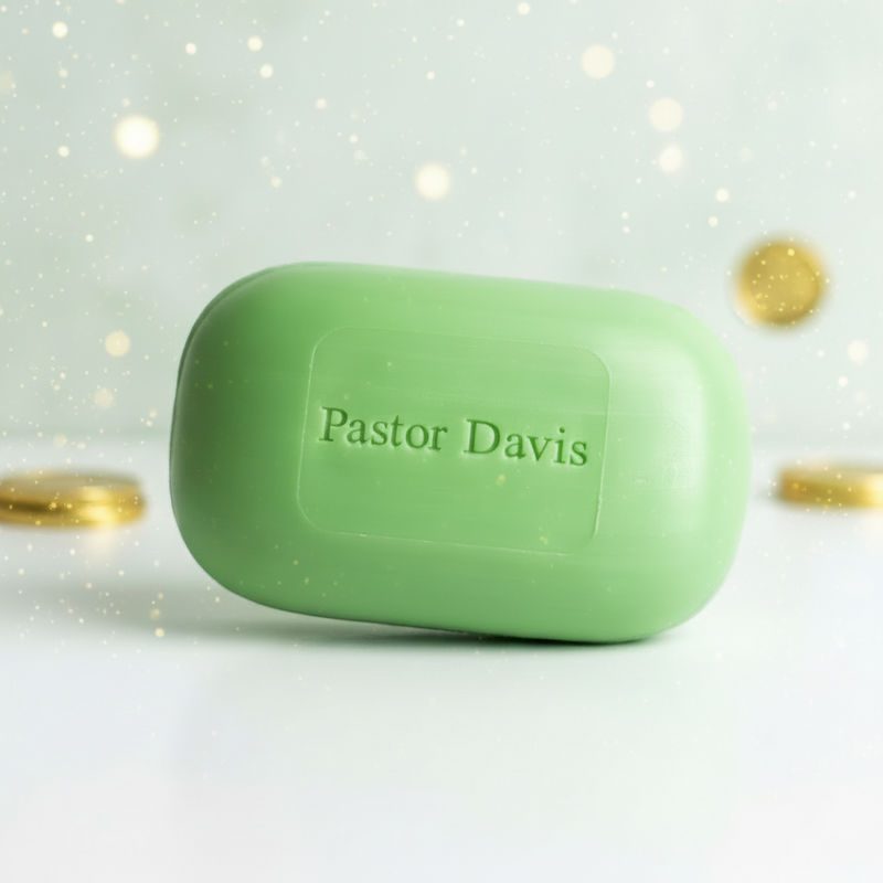 Green bar of soap with 'Pastor Davis' branding on a white background