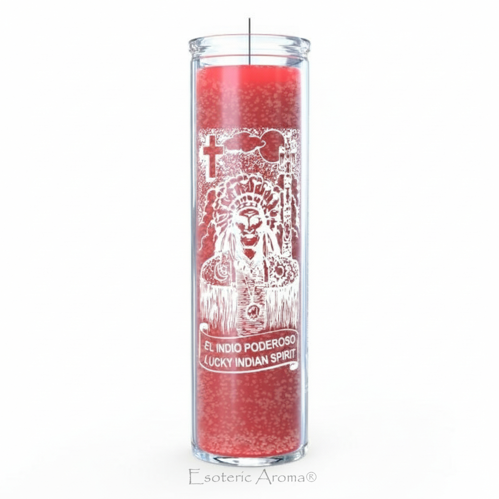 Red candle with white graphics and text on a white background