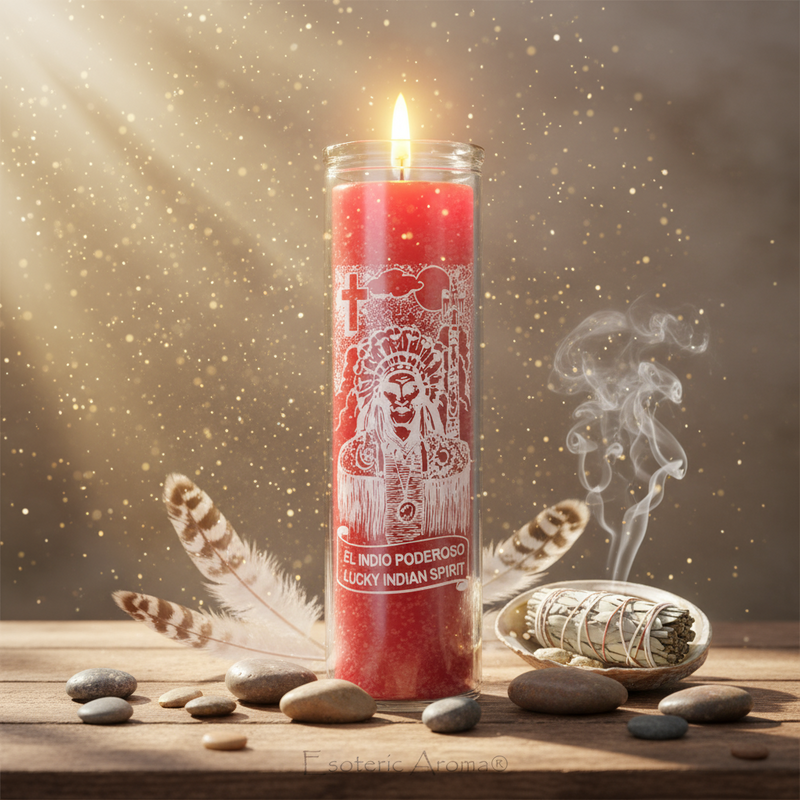 Red candle with intricate design on a wooden surface with stones, feathers, and smoke.