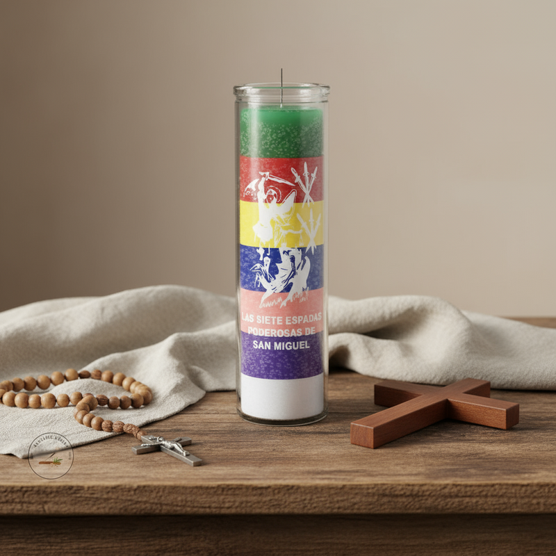 Multicolored candle on a wooden table with a linen cloth, rosary beads and a wooden cross
