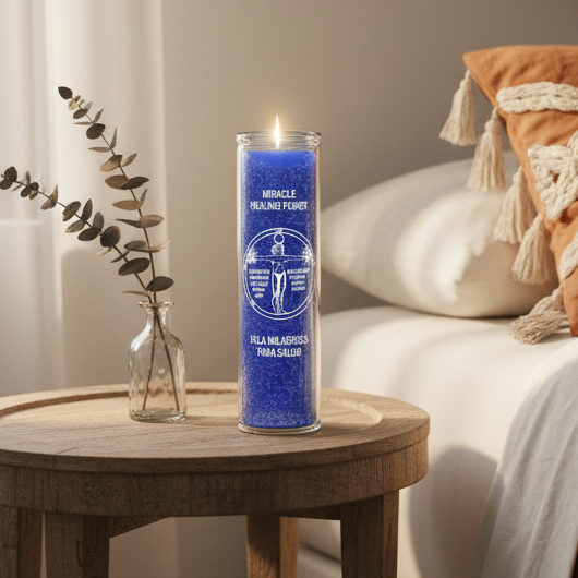 Blue candle on round table next to a bed and window