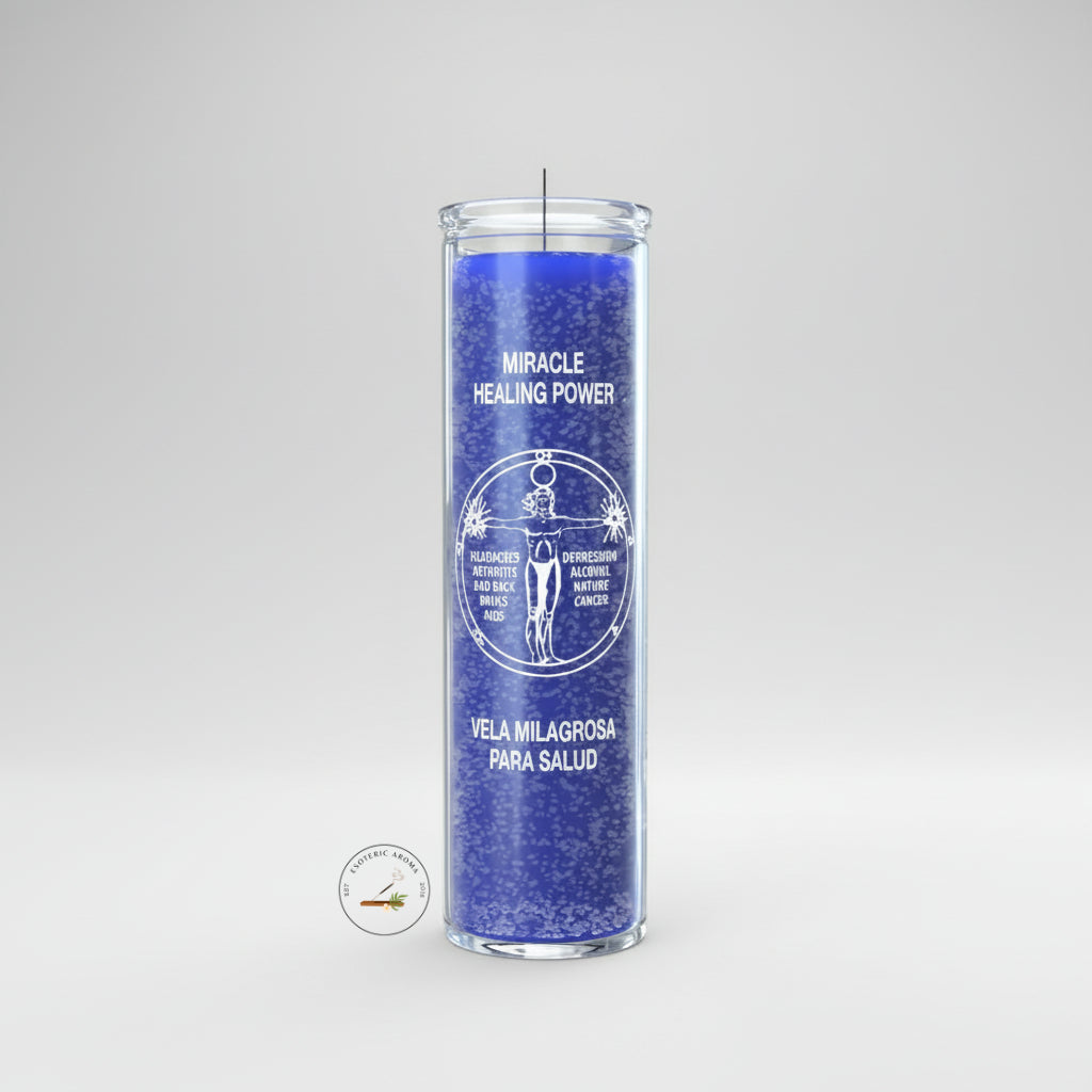 Blue Miracle Healing candle on neutral background