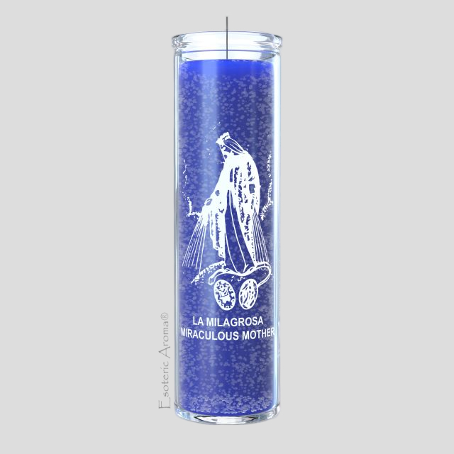 Blue candle with white design and text on a gray background