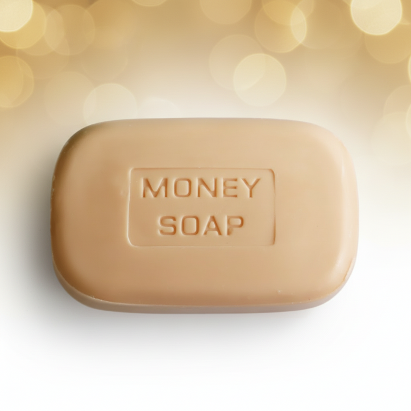 Bar of soap labeled 'Money Soap' on a blurred background