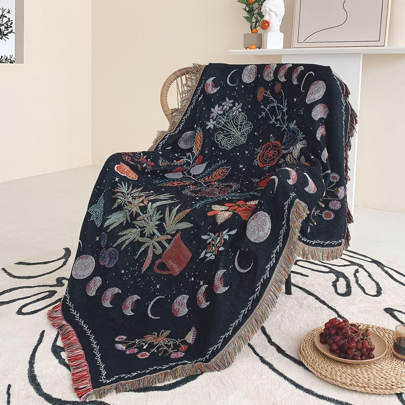 Moon and Flowers Throw Blanket Tapestry