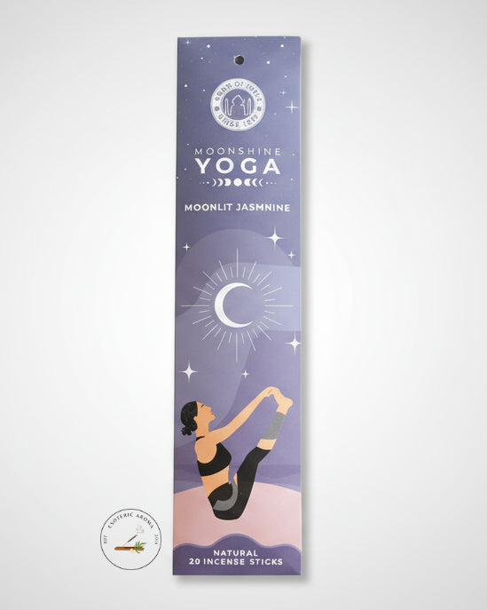 Moonlight Jasmine incense stick packaging with a woman in a yoga pose on a purple background.