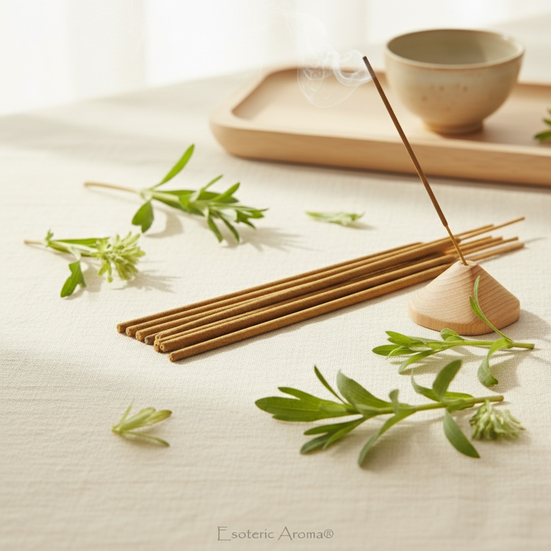 Incense sticks on a linen surface with greenery, a wooden platter and ceramic bowl and a lit incense in a small wooden holder.