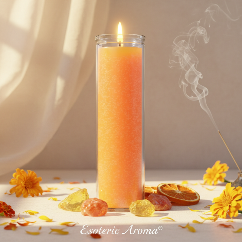 Candle with a gradient of orange and yellow, surrounded by flowers and incense, on a neutral background.