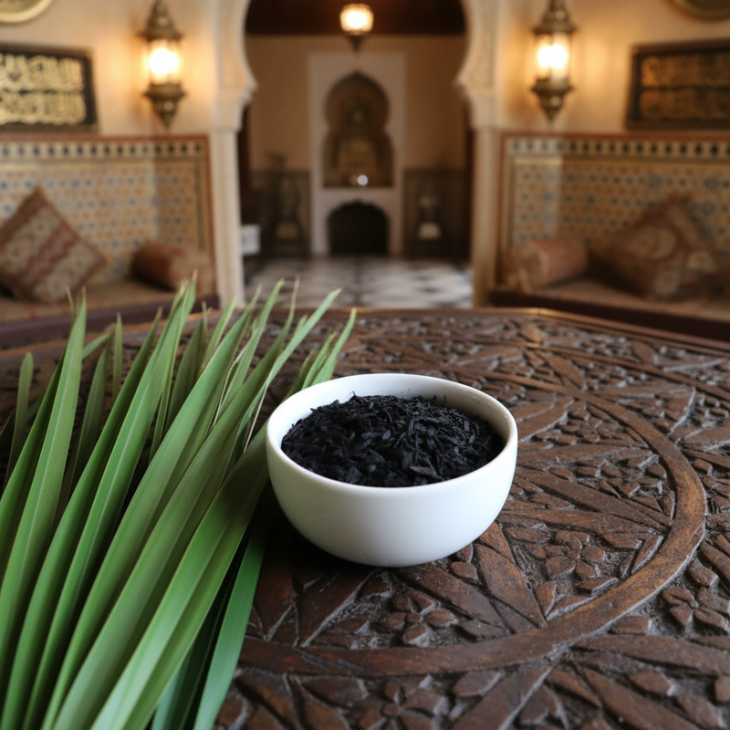 Black incense in a white bowl on an ornate wood table with greenery in a middle eastern decorated room