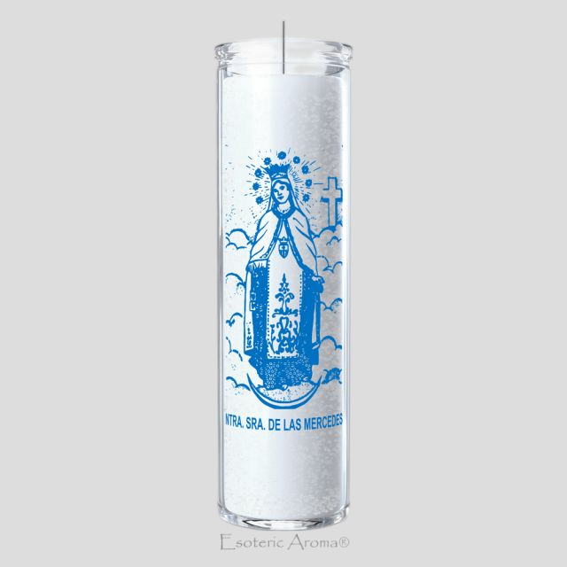 White candle with blue religious icon design on a grey background