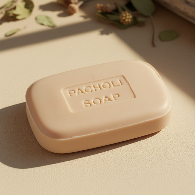 Bar of Pacholi soap on a light gray background