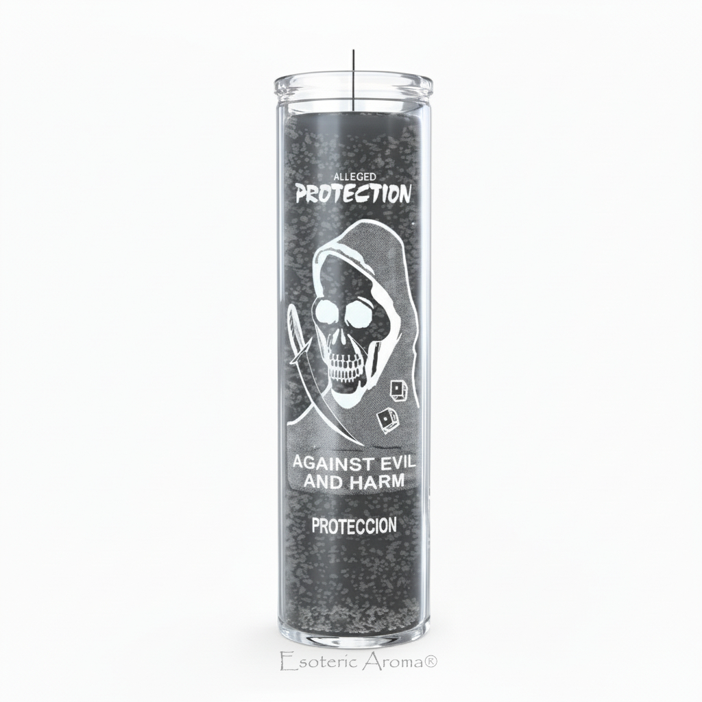 Candle with a skull design and text on a white background