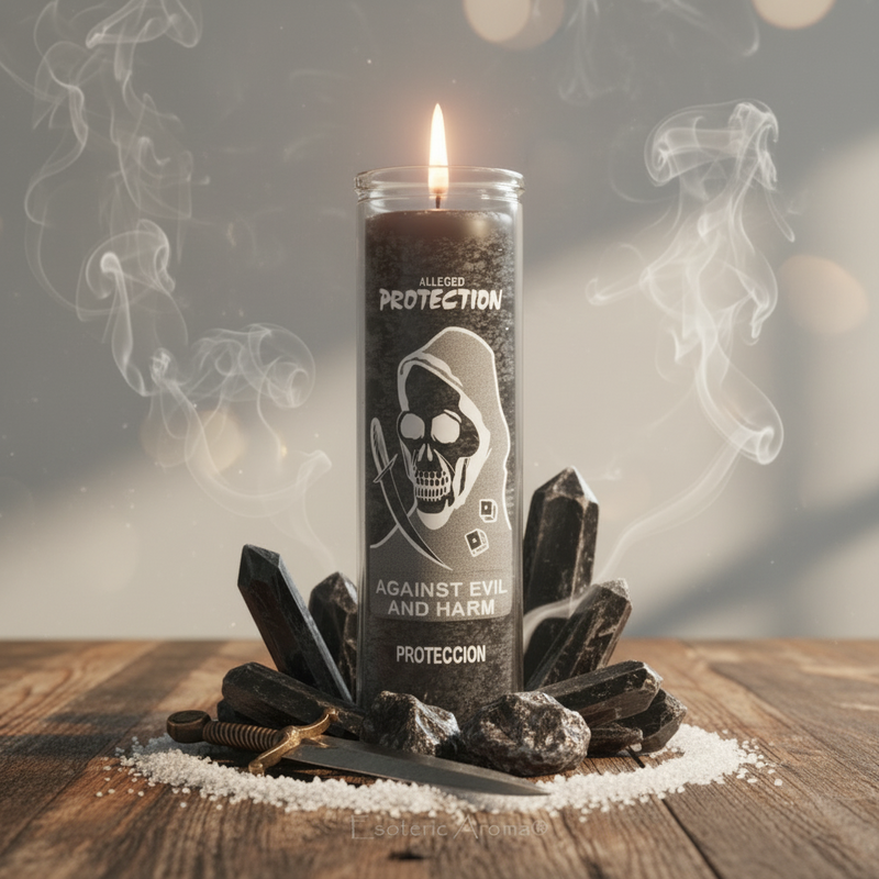 Black Protection candle on a wooden table with black tourmaline crystals, smoke and an athame and salt around it.