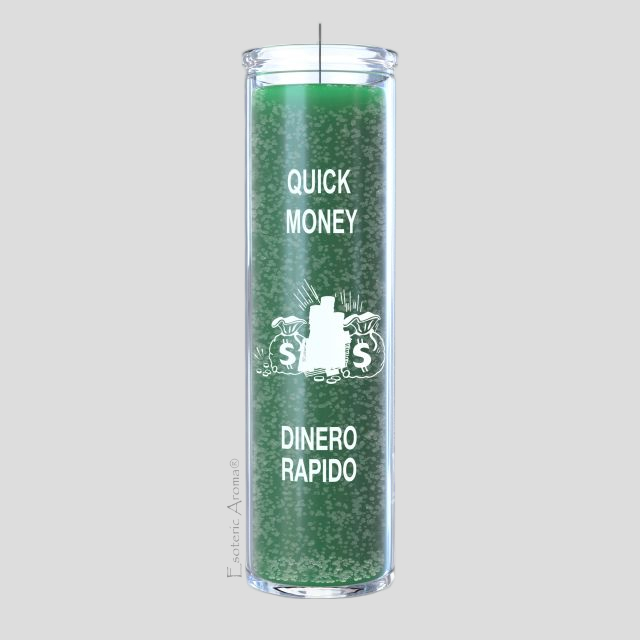 Green candle with text and logo on a gray background