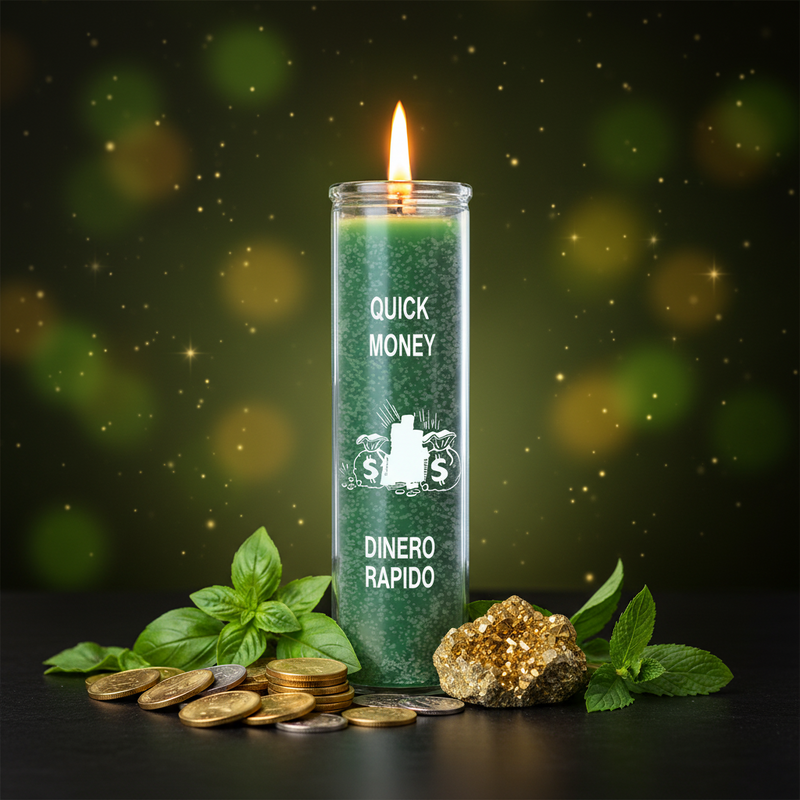 Green candle with text and symbols, surrounded by coins and a gold rock on a dark background.