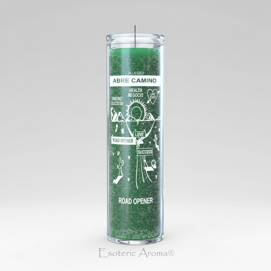Green candle with white text and graphics on a gray background