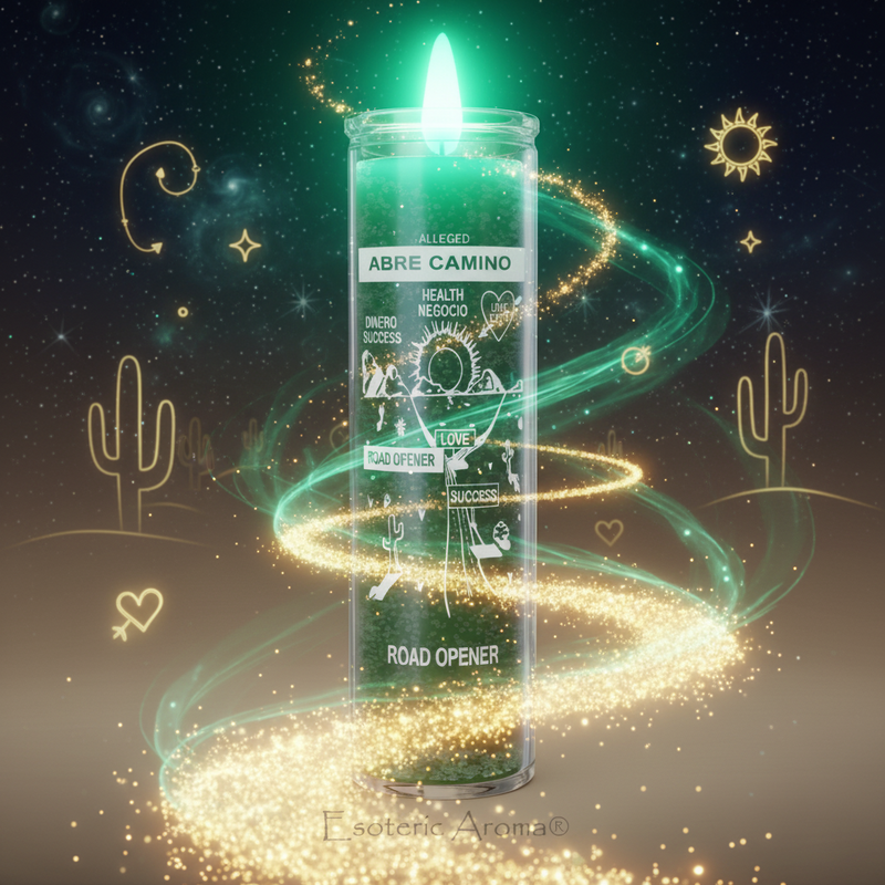 Decorative candle with green glow and text on a starry night background