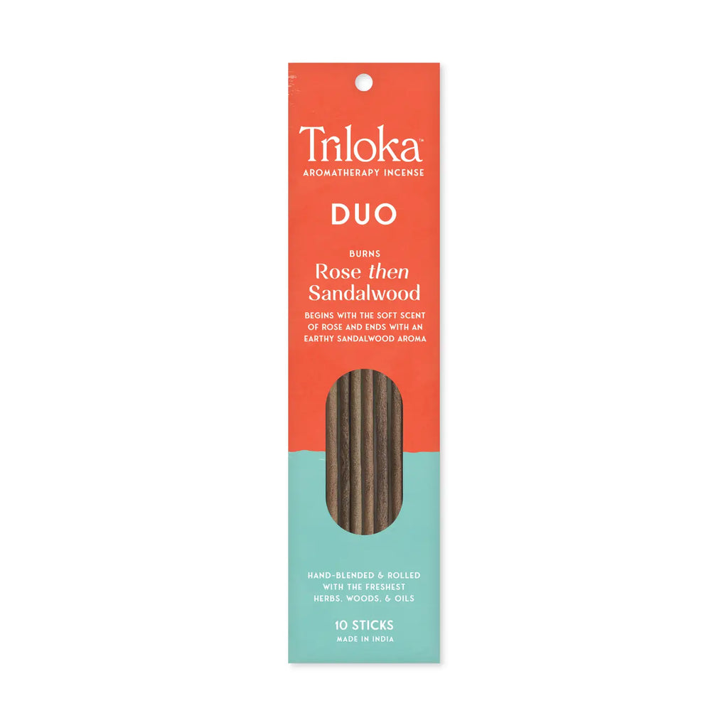 Triloka Duo incense packaging with orange and green design on a white background