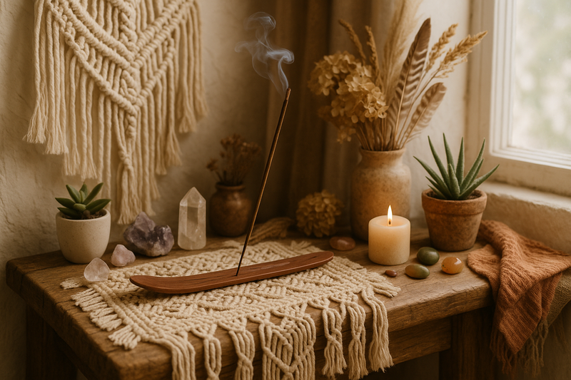 Incense stick in holder with plants, candles, and macrame art in a warm-toned room.