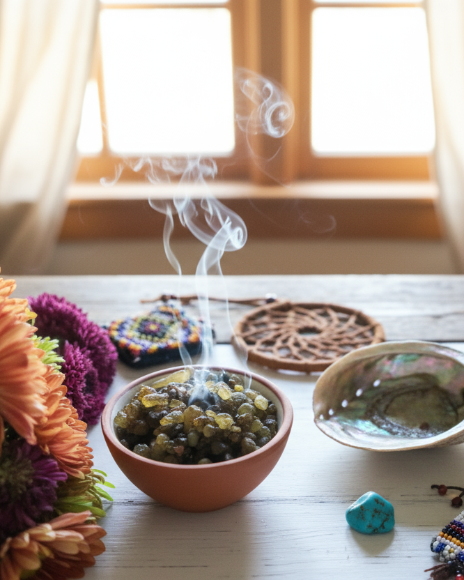 Bowl of resin incense with smoke on a wooden table with tribal decor with a window in the background
