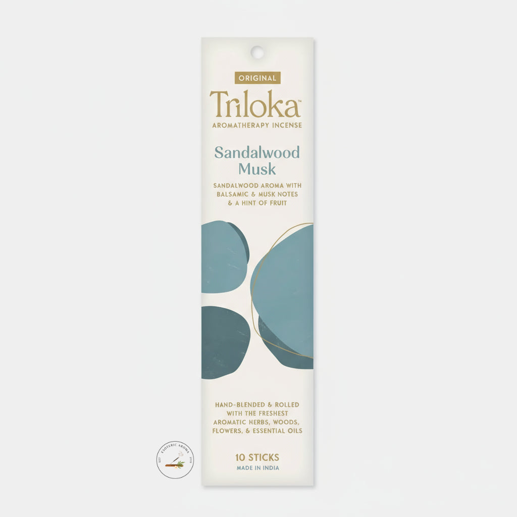 Triloka Sandalwood Musk incense packaging on neutral background