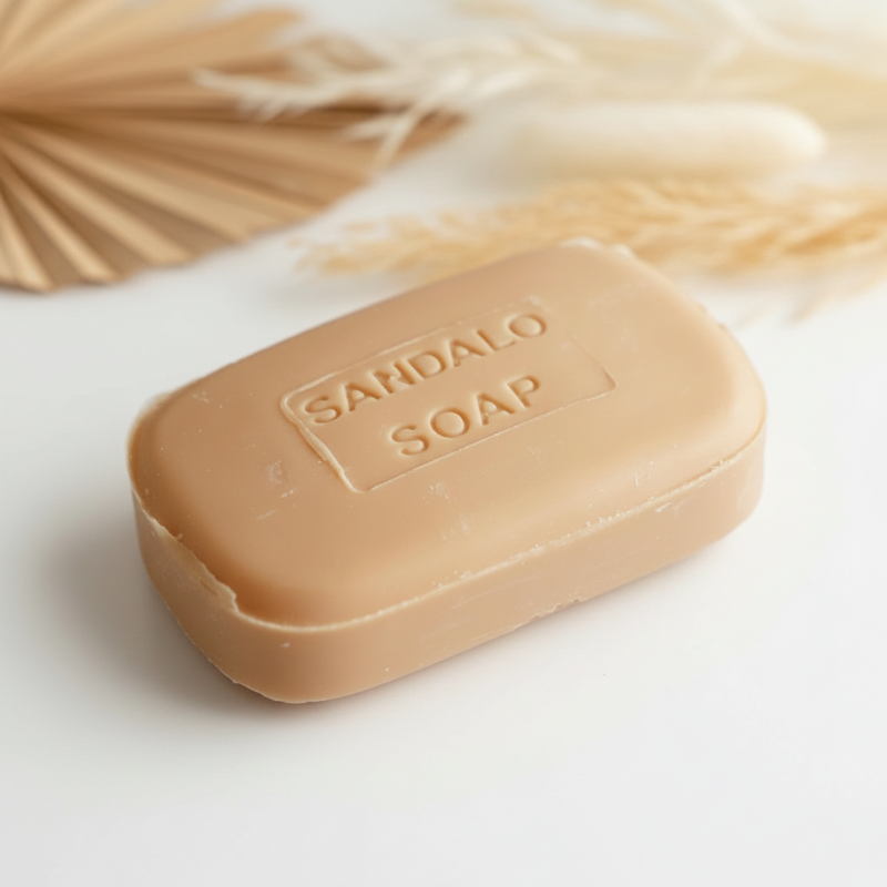 Sandalo Soap on a white surface with decor blurred in the background.