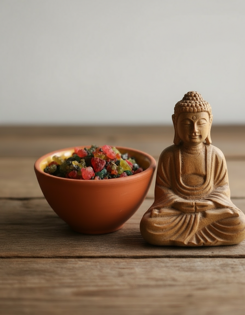 Bowl of colorful resin incense next to a wooden Buddha statue on a wooden surface