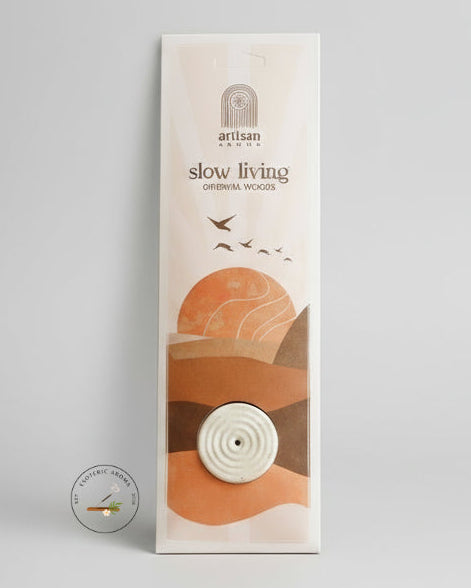 Slow Living incense package on neutral background