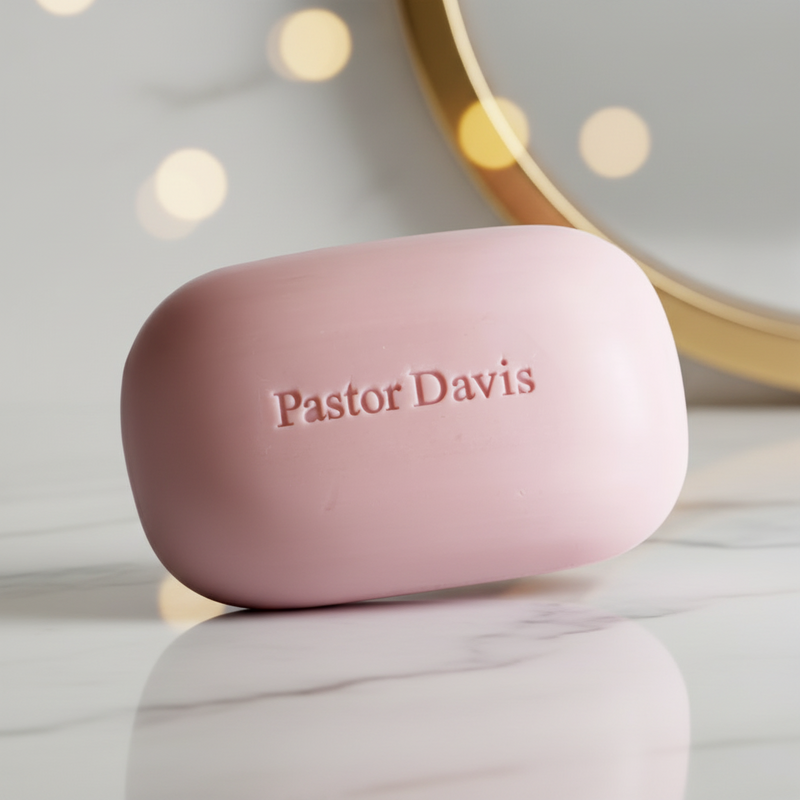 Pink bar soap with 'Pastor Davis' engraved on a light gray background