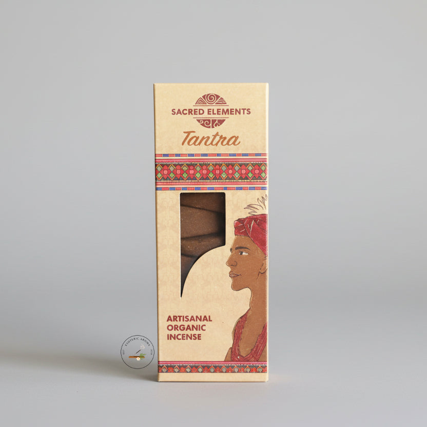 Box of Sacred Elements Tantra incense with a woman's face illustration on a gray background