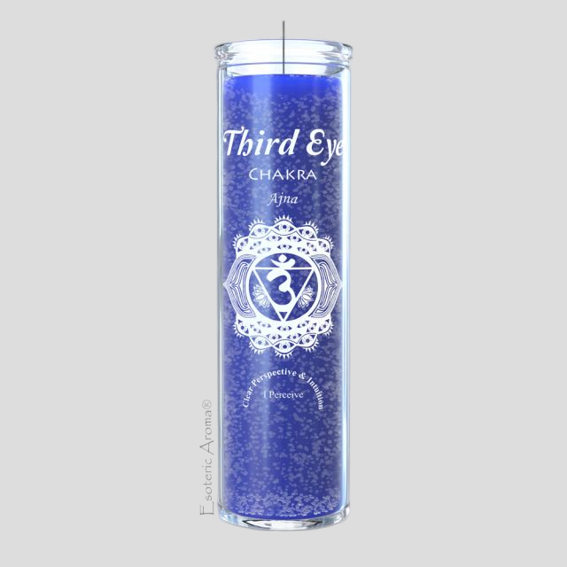 Blue candle with 'Third Eye Chakra' text and symbol on a gray background
