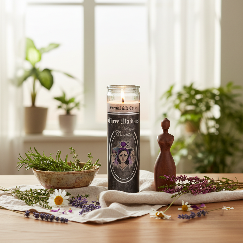 Candle with decorative packaging on a table with plants and flowers
