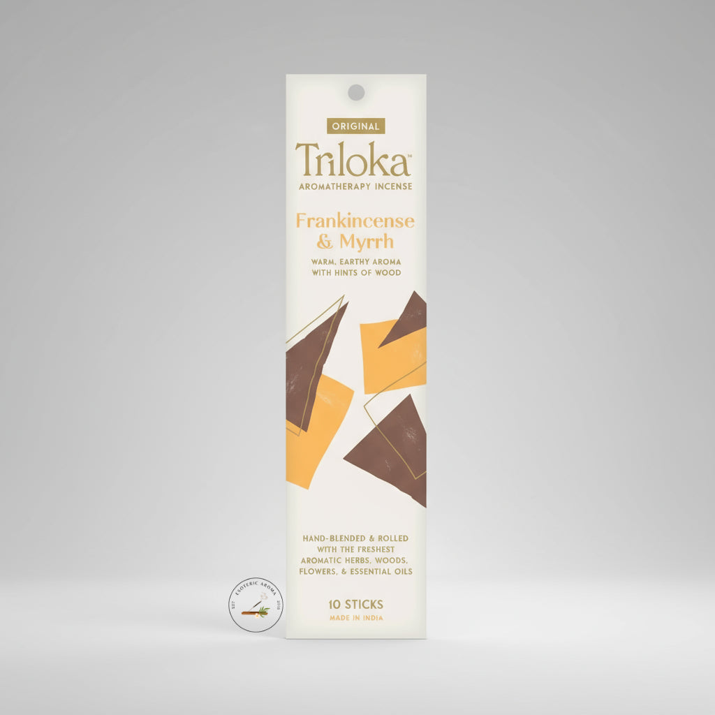 Triloka Frankincense & Myrrh incense sticks package on gray background