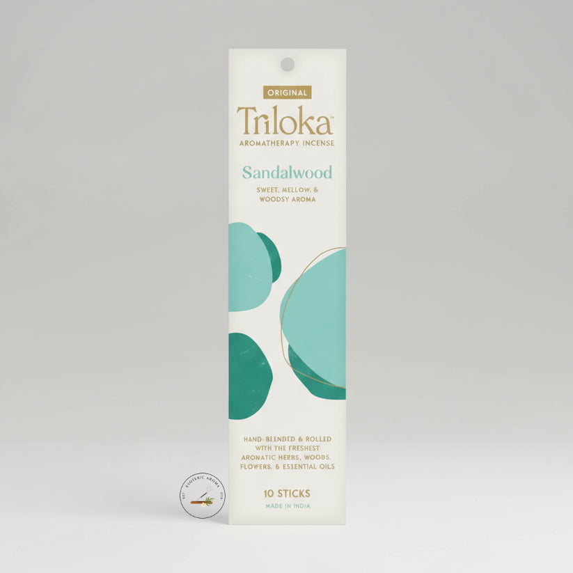 Triloka Sandalwood incense stick package on light gray background