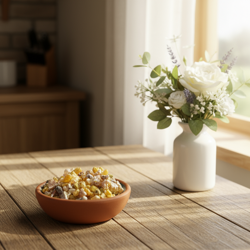 Wooden table with a clay bowl of incense resin and a white vase with white a green flowers next to a window