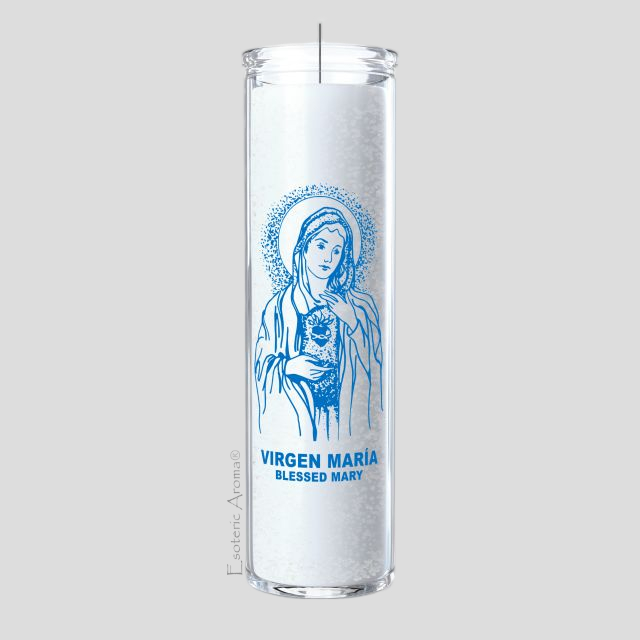 Candle with a blue illustration of a religious figure and text on a white background