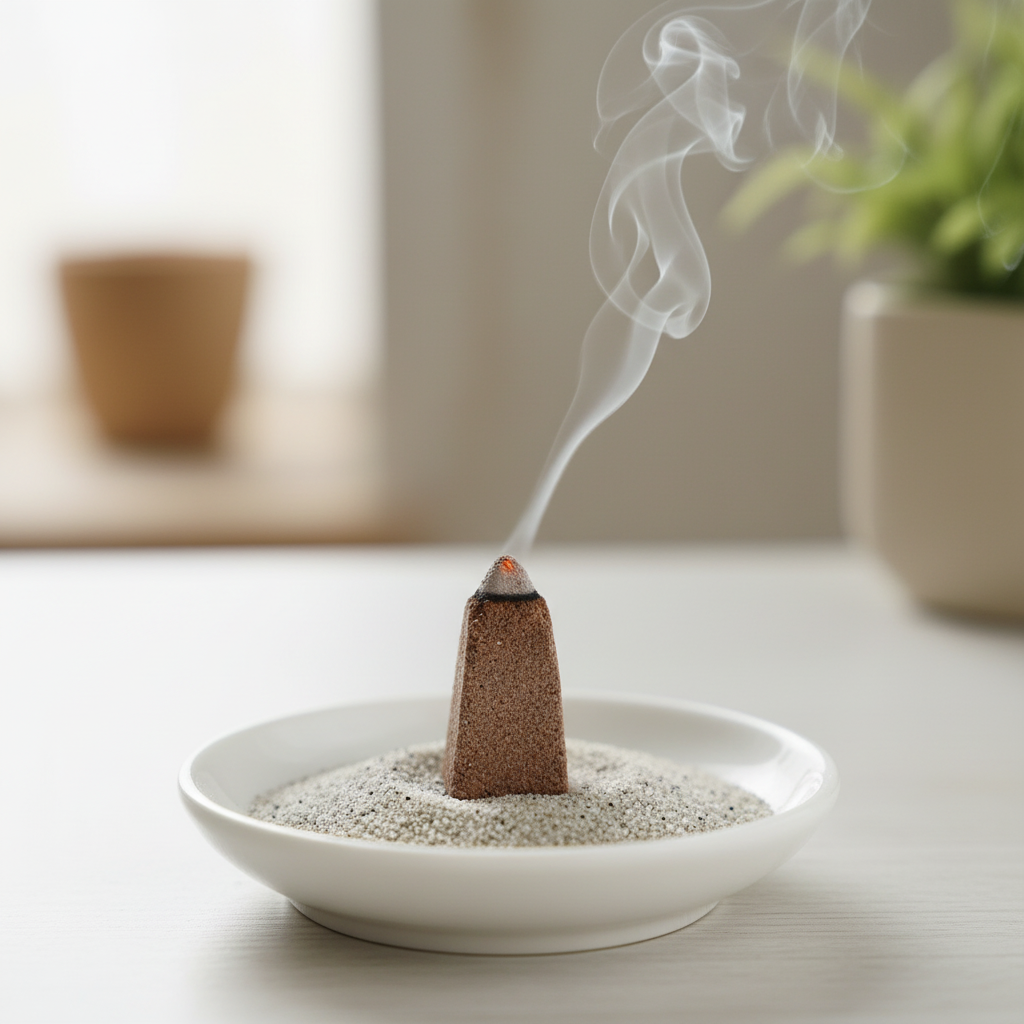 Incense cone burning in a white dish with a blurred indoor background