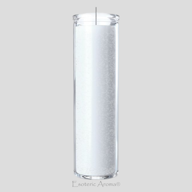 White 7 day candle on light gray background with Esoteric Aroma branding