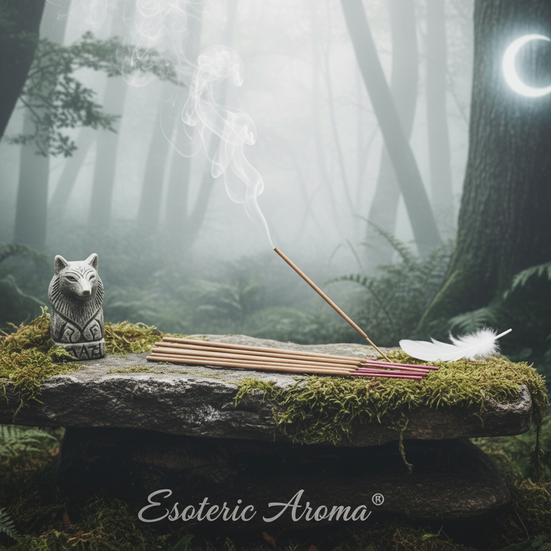 Incense sticks with a wolf figurine on a stone platform in a misty forest, featuring the brand 'Esoteric Aroma'.
