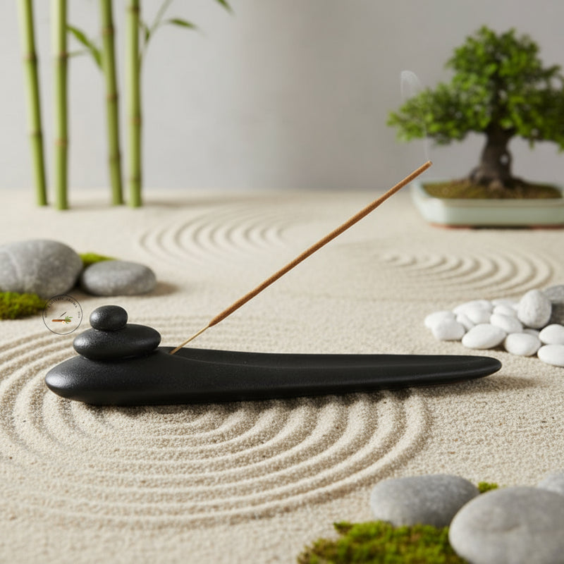 Incense stick on a black holder in a zen garden setting with stones and plants.